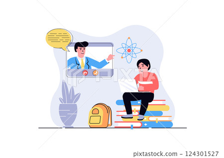 Children learn on computers web concept with cartoon people design. Boy studying online using laptop and watching video lessons with teacher. Flat vector illustration isolated on white background. 124301527