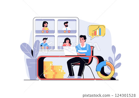 Video business conference web concept with cartoon people design. Man and woman discussing tasks at online meeting, working remotely in zoom. Flat vector illustration isolated on white background. 124301528