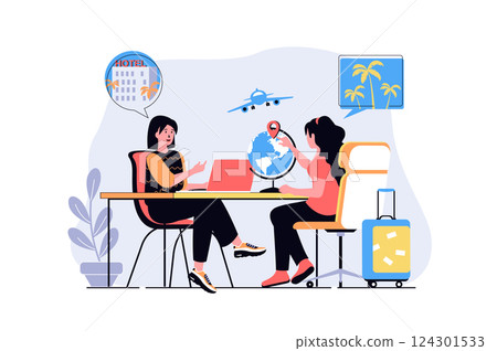 Travel agency web concept with cartoon people design. Operator helping tourist with choosing travel destination, booking hotel and tickets. Flat vector illustration isolated on white background. 124301533