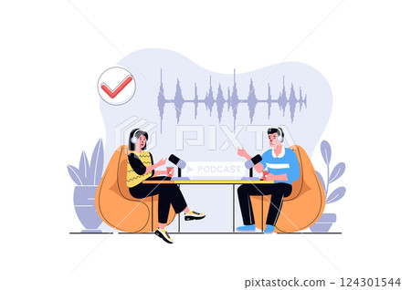 Podcast streaming web concept with cartoon people design. Woman and man in earphones broadcasting live at studio, recording audio conversation. Flat vector illustration isolated on white background. 124301544