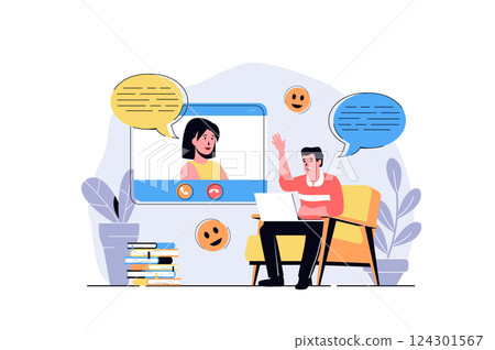 Video chatting web concept with cartoon people design. Man talking to woman by video calling using laptop, connecting with virtual friends. Flat vector illustration isolated on white background. 124301567
