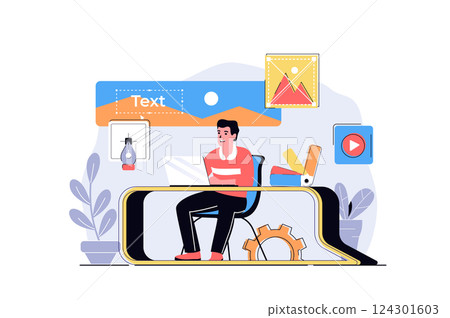 Design studio web concept with cartoon people design. Man drawing elements and images, choosing colors for website layout, making visualization. Flat vector illustration isolated on white background. Design studio web concept with cartoon people design. Man drawing elements and images, choosing colors for website layout, making visualization. Flat vector illustration isolated on white background. 124301603