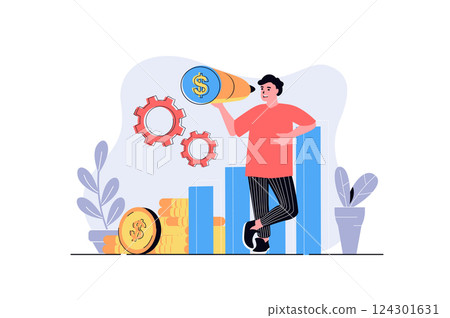 Business vision web concept with cartoon people design. Businessman looking telescope, finding new opportunities for career growth and earning. Flat vector illustration isolated on white background. Business vision web concept with cartoon people design. Businessman looking telescope, finding new opportunities for career growth and earning. Flat vector illustration isolated on white background. 124301631