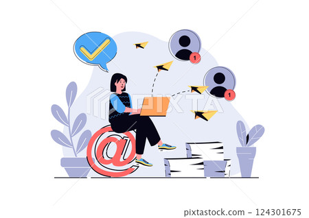 Email service web concept with cartoon people design. Woman sends business letters and messages with announcement, chatting online with friends. Flat vector illustration isolated on white background. 124301675
