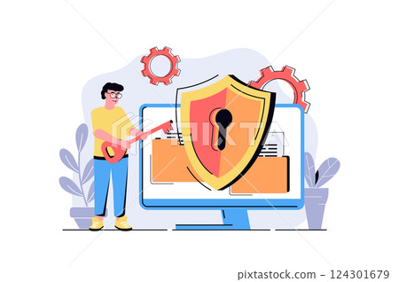 Cyber security web concept with cartoon people design. Man using online protection system for personal computer files with encryption defending. Flat vector illustration isolated on white background. 124301679