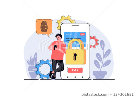 Secure payment web concept with cartoon people design. Man makes safety financial transaction with password approving and fingerprint scanner. Flat vector illustration isolated on white background. 124301681