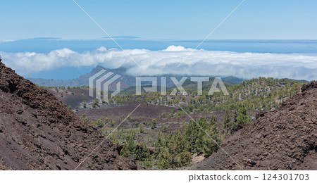 Mountain landscape. View of the clouds from the top of the mountain Mountain landscape. View of the clouds from the top of the mountain 124301703