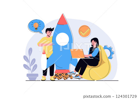 Business startup web concept with cartoon people design. Man and woman launching new business, investing money, develop success project together. Flat vector illustration isolated on white background. 124301729