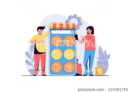 Mobile commerce web concept with cartoon people design. Woman and man making online purchases, ordering clothes, shoes or food at shop in app. Flat vector illustration isolated on white background. Mobile commerce web concept with cartoon people design. Woman and man making online purchases, ordering clothes, shoes or food at shop in app. Flat vector illustration isolated on white background. 124301759