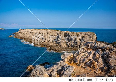 View of Kape Apostolos and Kleides Islands at the very eastern tip of the Karpasia Peninsula in the Turkish Republic of Northern Cyprus. Most easterly point on mainland Cyprus. View of Kape Apostolos and Kleides Islands at the very eastern tip of the Karpasia Peninsula in the Turkish Republic of Northern Cyprus. Most easterly point on mainland Cyprus. 124301875