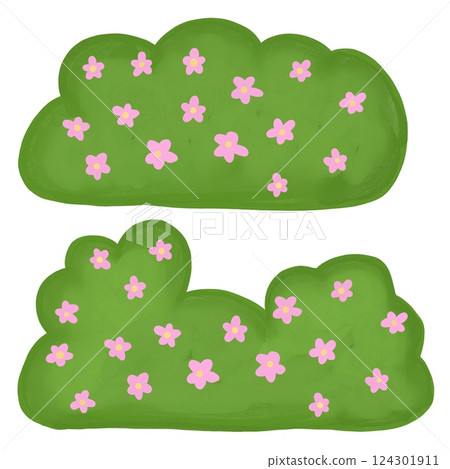 hand drawn watercolor illustration of green summer spring bush shrub lush foliage brown trunk bushe flowers sky clouds. For forest wood woodland adventure pictures. landscape design element. Eco 124301911