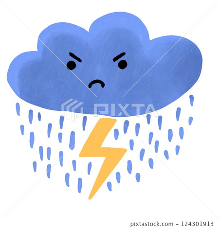 Hand drawn illustration of blue cute angry cloud with rain drops and yellow lightning. Funny nursery design for kids children, simple minilamist character emotions weather baby room poster decor. 124301913