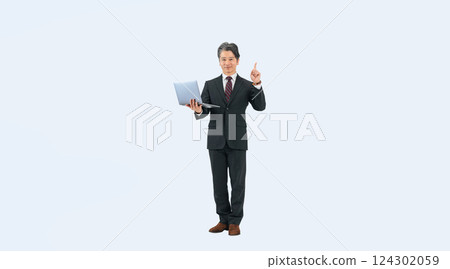 Full-body photo of a middle-aged businessman holding a laptop computer and making a recommendation Full-body photo of a middle-aged businessman holding a laptop computer and making a recommendation 124302059