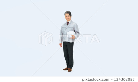 Full-body photo of a middle-aged male worker with a helmet Full-body photo of a middle-aged male worker with a helmet 124302085