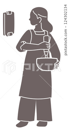 一位婦女煮飯的線畫，向量圖 124302134