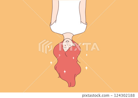 A Whimsical and Charming Illustration Featuring a Girl with Long, Flowing Hair in a Dreamy Style 124302188