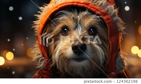 A small dog in a warm hat in winter under the snow with a blurred background for the New Year and Christmas holiday 124302198