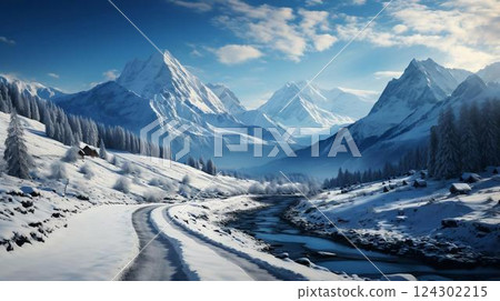 Snowy winter landscape with road trees and mountains 124302215