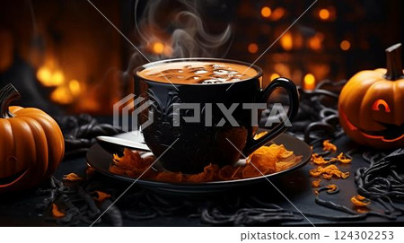 A mug of hot coffee or tea with pumpkins with scary faces for Halloween 124302253