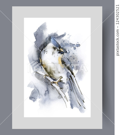Lark bird with long tail and crest on its head sits on tree branch on print. Watercolor artwork 124302521