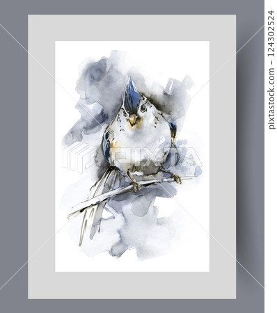 Lark bird sits on tree branch under dark cloudy sky on print. Watercolor artwork Lark bird sits on tree branch under dark cloudy sky on print. Watercolor artwork 124302524