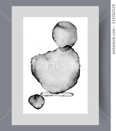 Chaotic spots and shapes on abstract art piece with asymmetrical shapes on 50s style poster 124302529