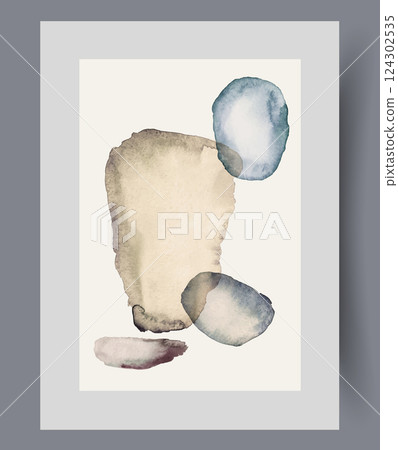 Abstract spots in Nordic style on art poster with chaotic shapes, for 60s art magazine 124302535