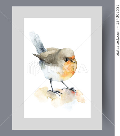 Tit bird with yellow belly and long legs sat on ground on print. Watercolor artwork 124302553