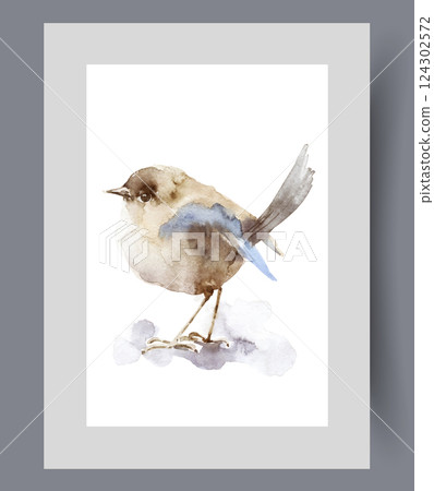 Tit bird walks on ground on long legs in search of insects for food on print. Watercolor artwork 124302572