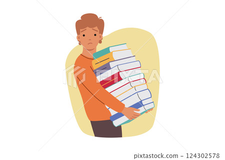 Upset boy holding stack of books assigned by teacher from primary school, for concept of overload 124302578