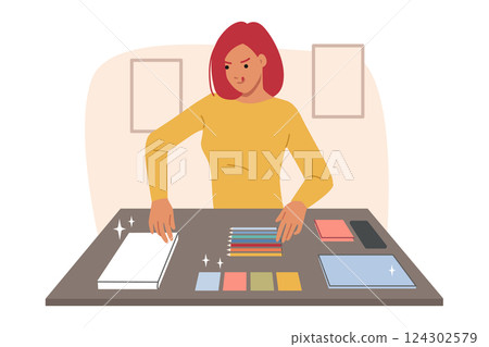 Obsessive-compulsive disorder or ocr in woman, arranging stationery items on table 124302579