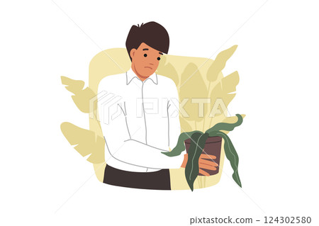 Stress is experienced by business man holding wilted houseplant, symbolizing decline in career 124302580