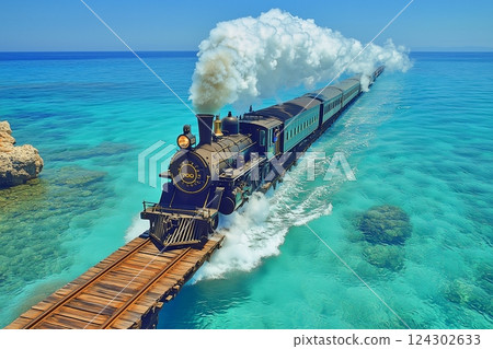 A train running through the beautiful summer sea 124302633