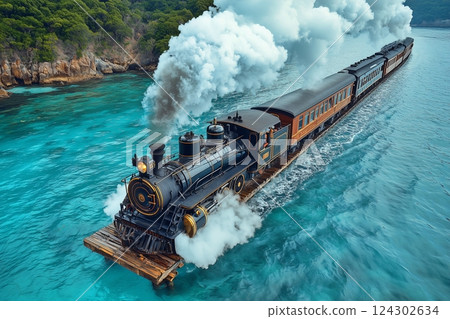 夏日里，一列火車穿過美麗的大海 124302634