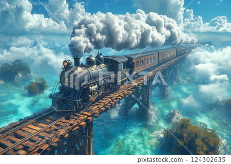 夏日里，一列火車穿過美麗的大海 124302635