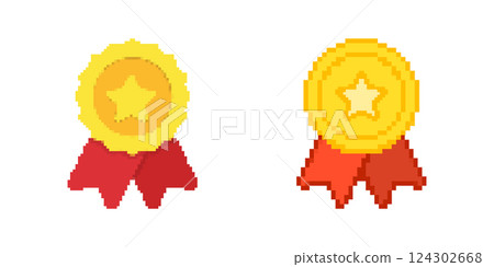 Award Medal Pixelated Icon Set. Pixel Art Symbol Collection Of Award Medals With Stars And Ribbon Accents. Isolated Vector Illustration 124302668