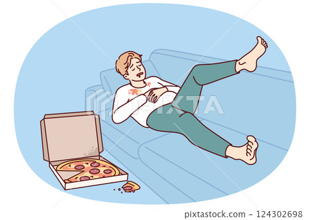 Ugly fat man sleeping on sofa near pizza box for wrong lifestyle concept of obesity causing 124302698
