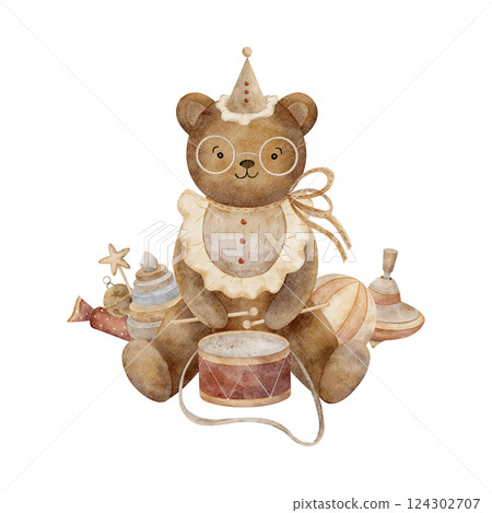 Teddy bear sits playing the drum. Watercolor children's illustration of vintage toys hand drawn in cartoon style on an isolated for the design of greeting cards, Christmas invitations, posters clothes Teddy bear sits playing the drum. Watercolor children's illustration of vintage toys hand drawn in cartoon style on an isolated for the design of greeting cards, Christmas invitations, posters clothes 124302707