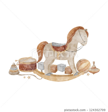 Watercolor composition vintage toys horse swing, pyramid, cubes, ball, drum. Children's illustration hand drawn in cartoon style on isolated for design greeting cards, invitations, posters clothes 124302709