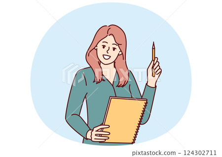 Woman is holding notepad and pen recommending job plan for successful completion of deadlines 124302711