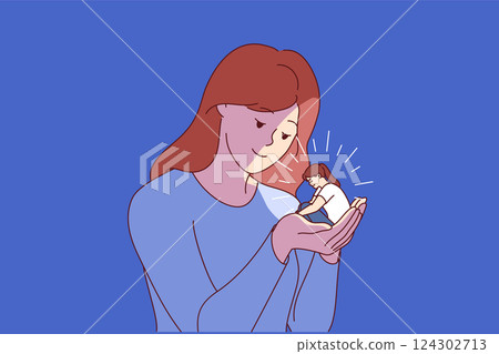 Psychological support for little girl from woman holding baby in arms, saving from stress 124302713