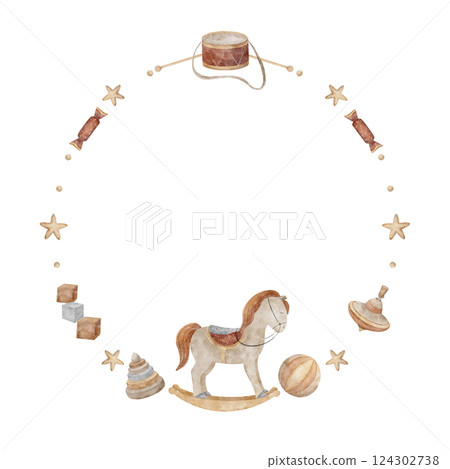 Watercolor wreath of baby toys horse swing, drum, ball, spinning top. Hand drawn illustration in vintage style on isolated background copy space for cards, kids invitations, birthday, baby shower 124302738