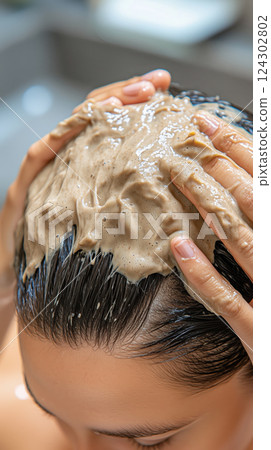 close up of person applying creamy hair mask to their scalp for nourishment and care close up of person applying creamy hair mask to their scalp for nourishment and care 124302802
