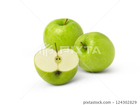 Green apple fruits and halved apple isolated on white background 124302829