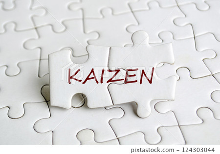 Kaizen text on jigsaw puzzle that represent change for the better by small, steady, cumulative gains. Continuous improvement concept. Kaizen text on jigsaw puzzle that represent change for the better by small, steady, cumulative gains. Continuous improvement concept. 124303044