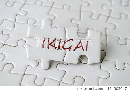 Ikigai text on jigsaw puzzle that represent personal fulfillment and work-life balance. 124303047