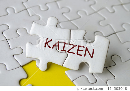 Kaizen text on jigsaw puzzle that represent change for the better by small, steady, cumulative gains 124303048