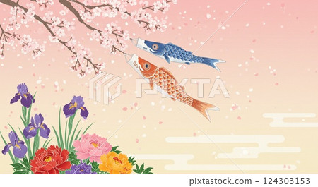 A colorful scene of cherry blossoms and carp streamers 124303153