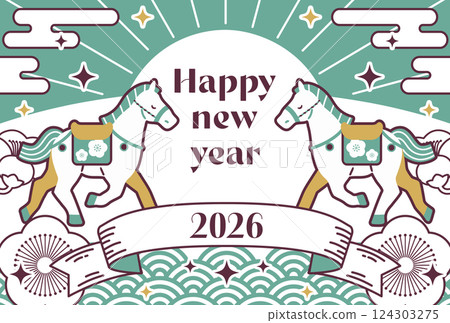 2026 年帶有馬插圖的新年賀卡 124303275