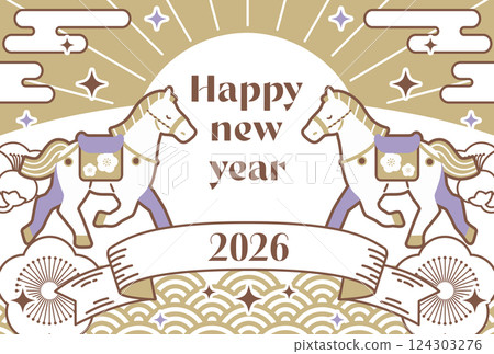 2026 年帶有馬插圖的新年賀卡 124303276